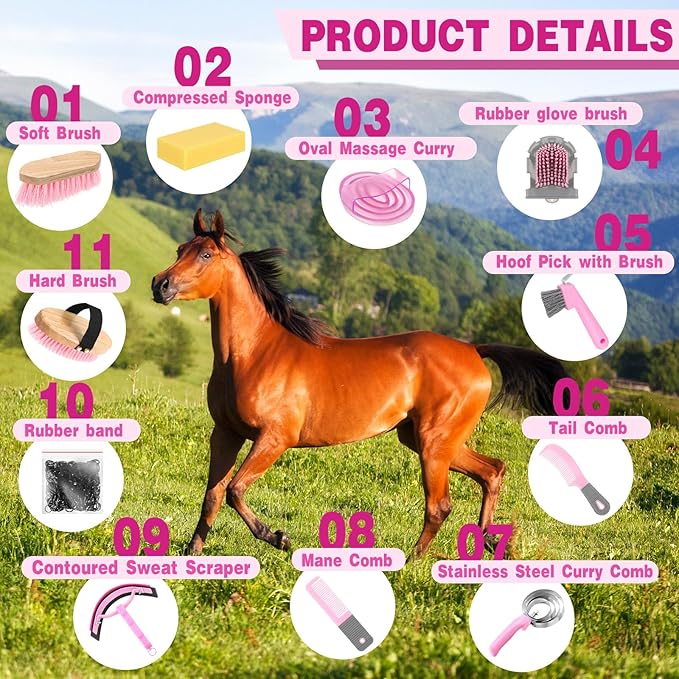 Abbylike 12 Pieces Horse Grooming Kit with Organizer Tote Bag Tack Room Supplies Horse Brush Sets Equine Care Cleaning Kit Shedding Grooming Massaging Tools(Pink and Grey)-Mewly Pet