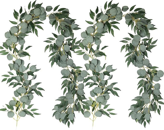 RECUTMS 2Pack Artificial Eucalyptus Garland with Willow Leaves 6Feet Fake Hanging Plant Silk Eucalyptus Willow Leaves Ivy Garland Faux Greenery for Indoor Outdoor Wedding Party Home Table Arch Decor