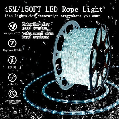 SURNIE LED Rope Lights Outdoor Waterproof: 150FT LED Rope Lighting Dimmable - 110V 6500K Daylight White String Light Tube Cuttable Connectable for Garden Patio Party Indoor Decoration, Not Flat Strip