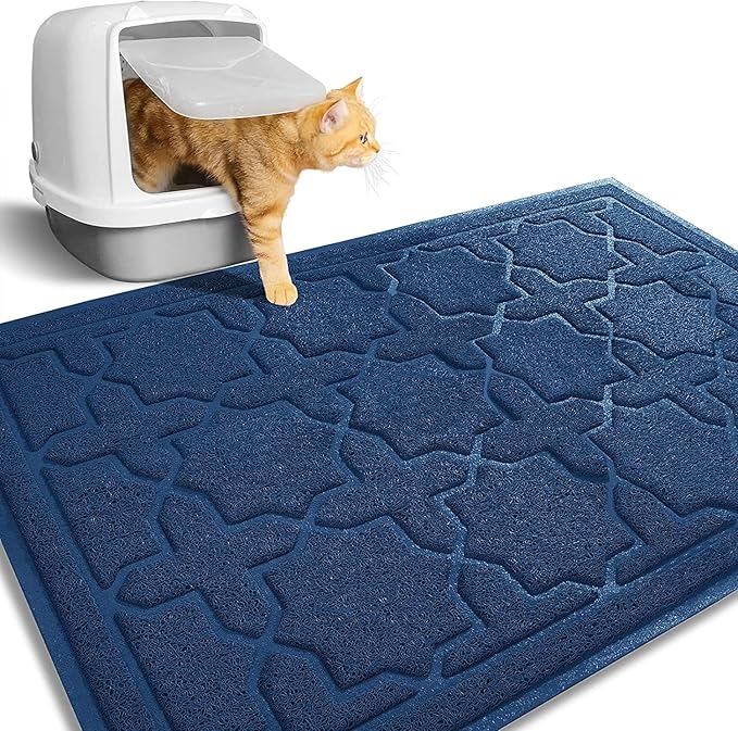 Yimobra Cat Litter Mat, 35.4"x23.6" Litter Box Mat with Litter Lock Mesh, Soft Cat Litter Mat Litter Trapping Mat, Easy to Clean, Non-Slip, Water Resistant, Litter Free Floors, Dark Blue-Mewly Pet