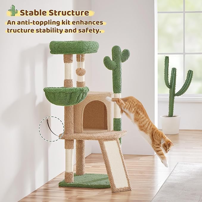 Yaheetech Cactus Cat Tree, 42in Cat Tower for Indoor Cats, Multi Level Kitten Condo Scratching Post, Pet Activity Center Furniture w/Ball, Plush Perch, Platform, Basket, Brown/Green-Mewly Pet
