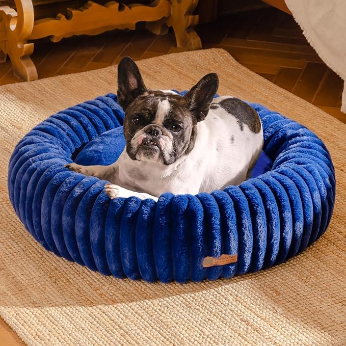 MEWOOFUN Donut Dog Beds for Small Dog, Calming Bed Round Cute Puppy Bed with Non-Slip Bottom, Fluffy Washable Pet Bed for Puppy and Kitten (Navy Blue, M (30x30x8))-Mewly Pet