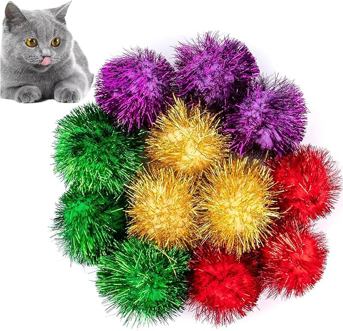 AUEAR, 12 Pack 2 Inch Sparkle Ball Shiny Glitter Tinsel Pom Poms Interactive Cat Balls for Kittens (4 Colors, 12 Inch-12 Pack)-Mewly Pet