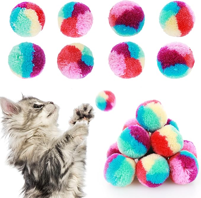 1.2 in Colorful Cat Pom Pom Ball Toys, 20 Pcs Rainbow Cat Toy Balls Soft Plush Cat Ball Interactive Training Ball for Indoor Cats & Kittens-Mewly Pet