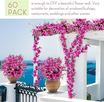 60 Pcs Artificial Faux Bougainvillea Fake Flower Silk Bougainvillea Branches UV Resistant Outdoor Indoor Decoration for Wedding Home Centerpieces Outside Decor (Rose Purple)