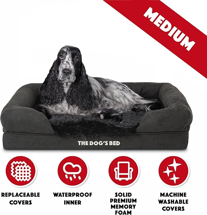 The Dog’s Bed, Medium Black Faux Fur 30x23.5, Memory Foam, Pain Relief: Arthritis, Hip & Elbow Dysplasia, Post Surgery, Lameness, Supportive, Calming, Washable Cover, Veterinary Approved-Mewly Pet
