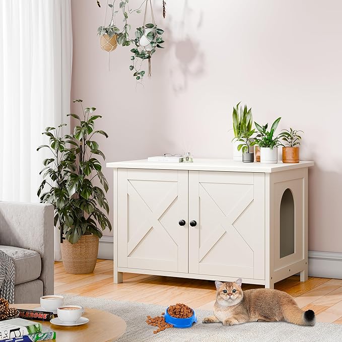 Vongrasig Cat Litter Box Enclosure,Litter Box Furniture Hidden with Barn Door,Wooden Cat Washroom Furniture,Cat House,End Table, Fit Most of Litter Box, White-Mewly Pet