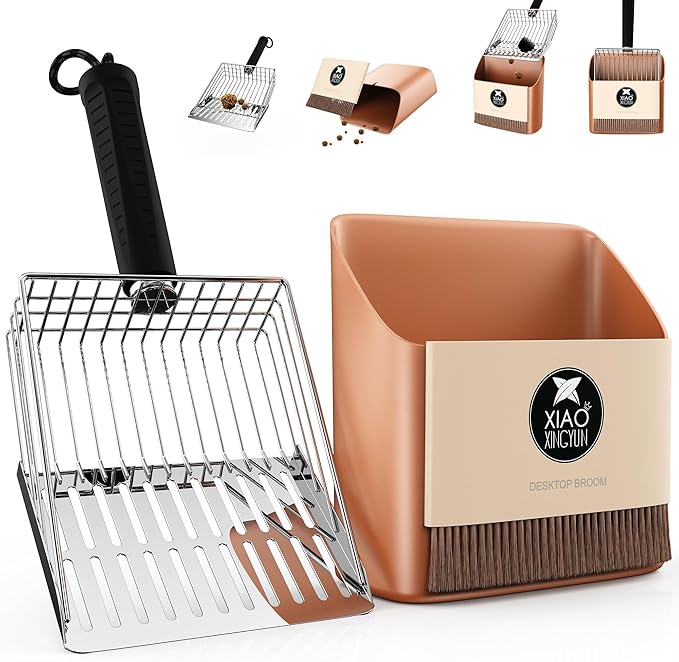 Cat Litter Scooper with Holder, Metal Litter Scoop Includes Portable Small Broom and Dustpan Set, Heavy Duty Stainless Steel Litter Scoop with Coarse and Fine Grid, Quick Sift and Easy Clean-Mewly Pet