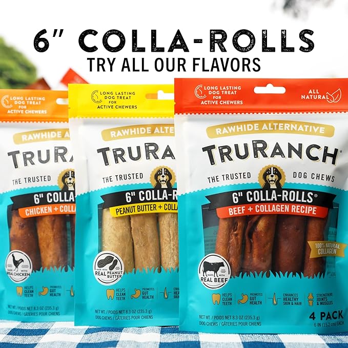 Collagen Rolls - 6" Collagen Rolls for Dogs - Long Lasting Healthy Joint Support - Rawhide Alternative - Skin & Coat Health - Made with Real Chicken, Value Pack, 15 Bags, 60 Count-Mewly Pet