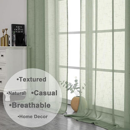 Aiyufeng Sage Green Sheer Curtains 72 inches Long 2 Panels, Fresh Textured Semi Sheer Green Curtains Linen Breathable Elegant Door Curtains & Drapes for Farmhouse/Living Room/Kitchen, 40Wx72L inch
