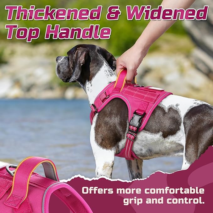 rabbitgoo Tactical Dog Harness for Large Dogs, No Pull Military Service Vest with Handle & Molle, Easy Control for Training Walking, Adjustable Reflective Straps, Rose Red, L-Mewly Pet