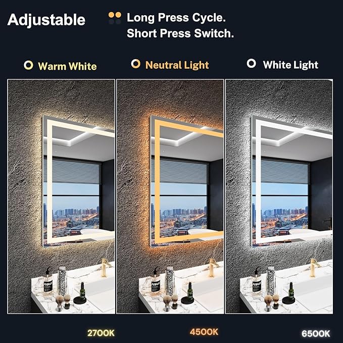LED Bathroom Mirror 40"x 30",Front Lit and Backlit Bathroom Mirror with Lights,Stepless Dimmable,Anti-Fog, Shatter-Proof, Memory, 3 Colors Lighted Vanity Mirror (Horizontal/Vertical)