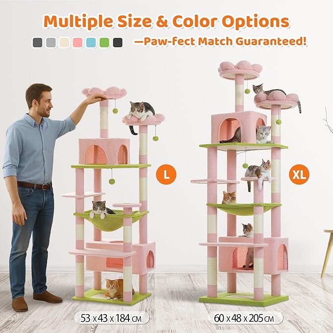 PAWZ Road Flower Cat Tree for Large Cats, 81 Inches Pink Tall Cat Tower with 2 Perches, 2 Condos and Spacious Hammock, XL Extra Large Condo with 7 Scratching Posts for 20lb+ Adult Cats-Mewly Pet