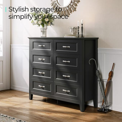 LINSY HOME 8 Drawers Dresser for Bedroom, Black Wood Dresser with Metal Handle, Farmhouse Tall Chest of Drawers with 1 pcs Fabric Divider Organizer, Storage Organizer for Living Room, Closet, Hallway