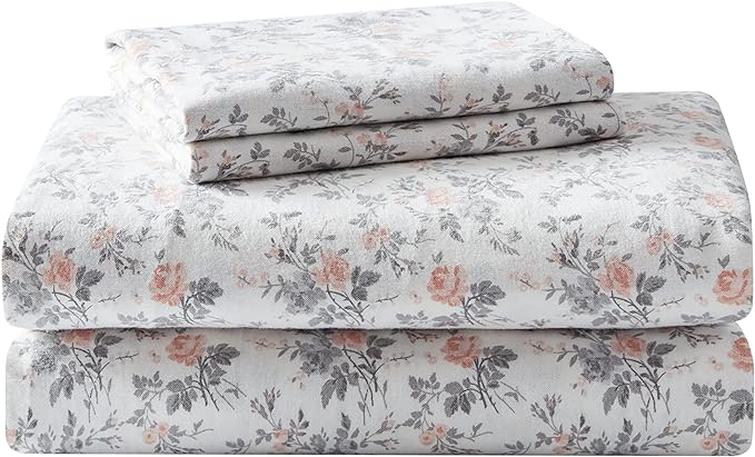 Laura Ashley - Flannel Sheets Queen Size, Anti-Pilling & Wrinkle Resistant Cotton, Touchably Soft for All-Season Comfort - Bed Sheets with Matching Pillowcases & Fitted Sheet (Rosalie Grey)