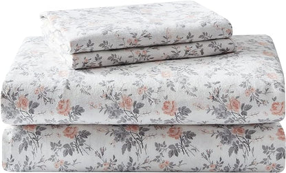 Laura Ashley - Flannel Sheets Queen Size, Anti-Pilling & Wrinkle Resistant Cotton, Touchably Soft for All-Season Comfort - Bed Sheets with Matching Pillowcases & Fitted Sheet (Rosalie Grey)
