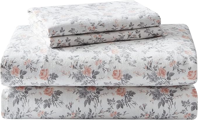 Laura Ashley - Flannel Sheets Full Size, Anti-Pilling & Wrinkle Resistant Cotton, Touchably Soft for All-Season Comfort - Bed Sheets with Matching Pillowcases & Fitted Sheet (Rosalie Grey)