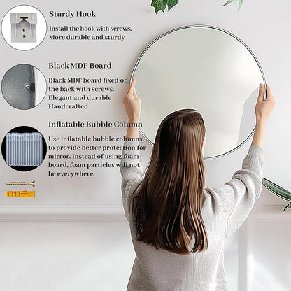 Silver Round Mirror 30 inch, Round Bathroom Mirror, Silver Circle Mirrors with Aluminum Frame, Circle Wall Mirrors for Bathroom, Living Room, Hallway, Bedroom.