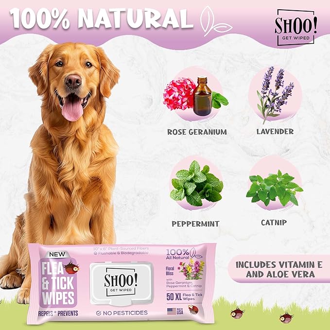 Shoo! Flea & Tick Wipes for Dogs | Convenient, Easy On-The-Go Protection | Plant Based, Natural Oils, Chemical Free | Repels & Prevents | 50 XL Wipes | (Floral Bliss)-Mewly Pet
