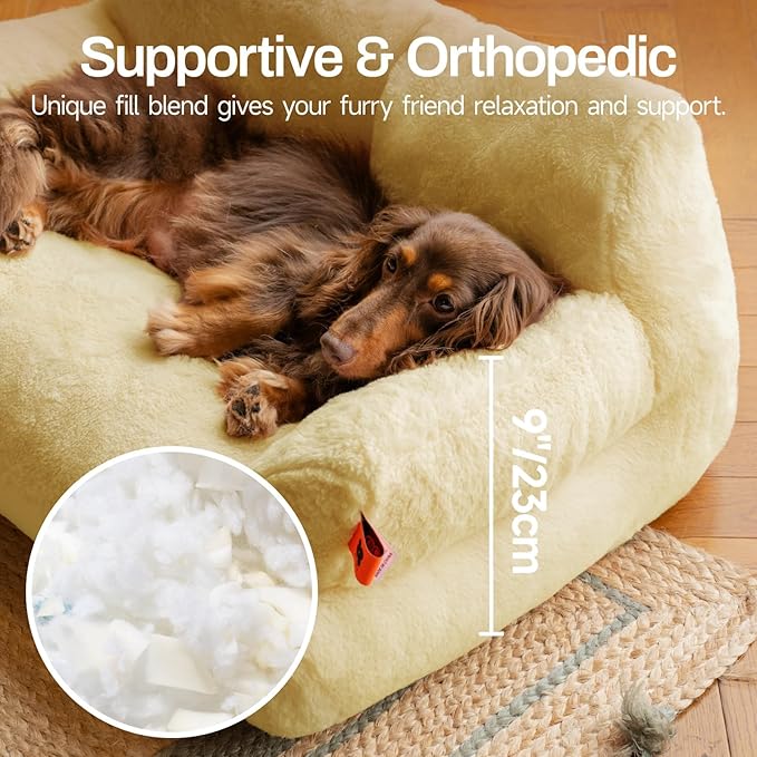 MEWOOFUN Cat Beds for Indoor Cats, Washable Small Dog Beds for Medium Small Dogs & Cats up to 25 Lbs, Fluffy Cat Couch with Non-Slip Bottom (Yellow, 26.0" L x 19.0" W x 13.0" Th)-Mewly Pet