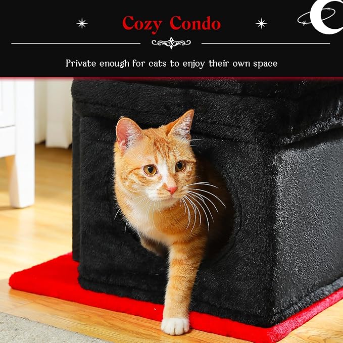 PEQULTI Cat Tree Gothic Cat Tower for Indoor Cats with Private Cozy Cat Condo, Natural Sisal Scratching Posts and Plush Pom-pom for Small Cats Black-Mewly Pet