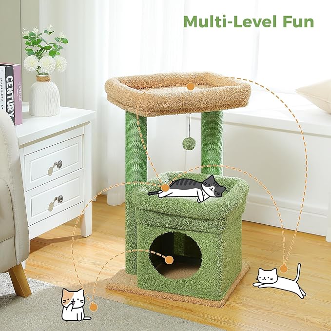 PEQULTI Cat Tree Cactus Cat Tower for Indoor Cats with Private Cozy Cat Condo, Natural Sisal Scratching Posts and Plush Pom-pom for Small Cats Green-Mewly Pet