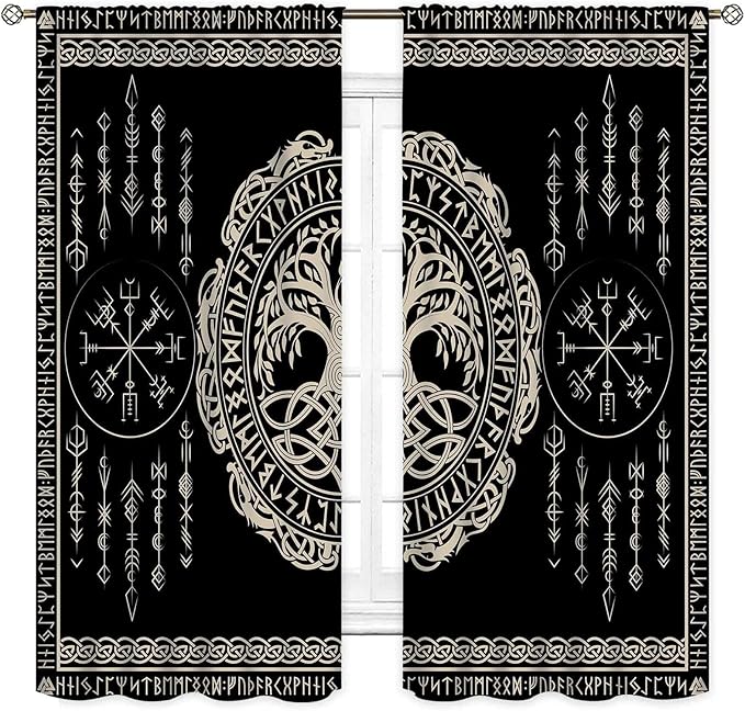 Viking Curtains, Nordic Tree of Life Celtic Rune Scandinavian Gothic Norse Mythology Aesthetic Retro Drapery for Bedroom Living Room Bathroom Window 2 Panel Set, 63"x72" Inch