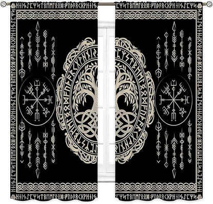 Viking Curtains, Nordic Tree of Life Celtic Rune Scandinavian Gothic Norse Mythology Aesthetic Retro Drapery for Bedroom Living Room Bathroom Window 2 Panel Set, 63"x72" Inch