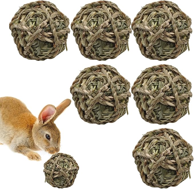 Rabbit Timothy Grass Ball 6 Pcs,Natural Bunny Grass Ball Timothy Hand Woven Chew Toys Small Animals Teeth Grinding Suitable for Hamster Guinea Pig Squirrel Totoro Gerbils-Mewly Pet