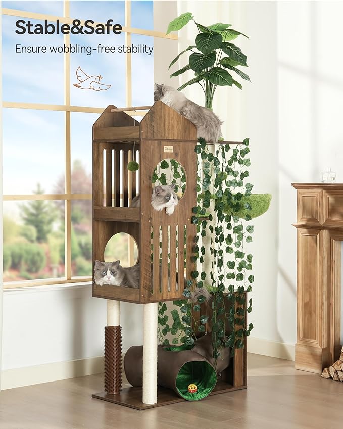 FourFurPets Large Cat Tree with Leaves, 72.8-Inch Cat Tower for Indoor Cats, Modern Cat Tree with Scratching Post, Large Perch, Tunnels, Swing Ball, Self Groomer, Greige-Mewly Pet