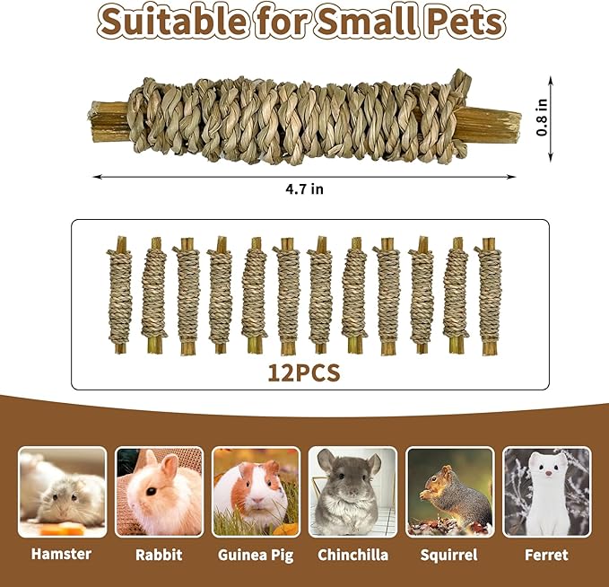 Fhiny 12 PCS Rabbit Chew Sticks, Natural Papaya Wood Seagrass Guinea Pig Chew Toys for Teeth Small Animal Molar Sticks Snacks for Bunny Guinea Pig Chinchilla Ferret Hamster Gerbil Dental Care-Mewly Pet