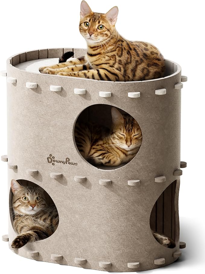 DownyPaws Cat House for Indoor Cats, 2-Storey Foldable Cat Bed Cave, Felt Cats Tunnel Bed Condo, Castle Kitten Cube Hideaway for Multicats, Scratch Resistant, Cream-Mewly Pet