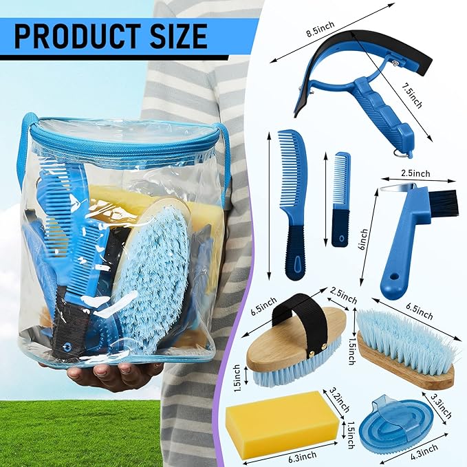 9 Pieces Horse Grooming Kit Tack Room Supplies Set with Organizer Tote Bag, Oval Massage Curry, Hard and Soft Brush, Hoof Pick, Sweat Scraper, Bathing Sponge, Combs for Horse Riders Beginners (Blue)-Mewly Pet