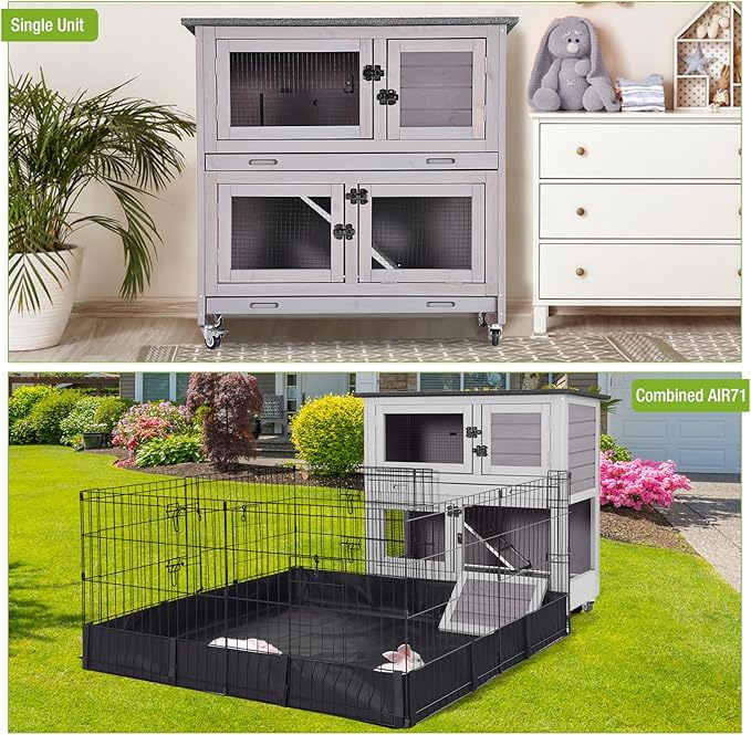 2 Story Rabbit Hutch Indoor Outdoor Rabbit Bunny House Guinea Pig Cage Wooden Pet House for Small Animals with 2 Large Rooms, Chewproof Ramp, Ventilation Door, Removable Trays (Grey)-Mewly Pet