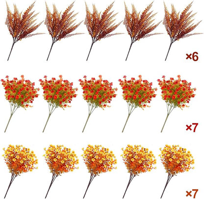 20 Bundles Artificial Fall Flowers for Outdoors Fall Thanksgiving Decorations - UV Resistant Fake Mums Faux Fall Plants Plastic Flowers for Gardens Porch Fireplace Patio Home Indoor Autumn Fall Decor