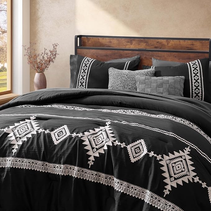 MaiRêve Embroidery Queen Size Comforter Set Black, Boho Farmhouse Western Bedding Set 7 Pieces, All Season Bed in A Bag Comforter Set with Sheets, Pillowcases & Shams