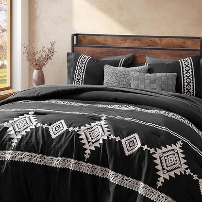 MaiRêve Oversized Queen Comforter Set Charcoal Black, Embroidery Western Bedding Set Boho 7 Pieces, Farmhouse All-Season Bed in A Bag with Sheets, Pillowcases & Shams