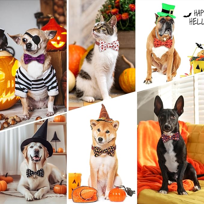 Hillban 50 Pieces Halloween Collar Dog Bow Ties Accessories for Dogs Bow Ties Attachment with Elastic Bands Dog Collar Detachable Charms for Halloween Dogs Collar Accessories-Mewly Pet