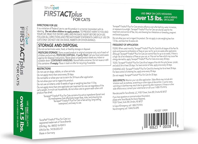 TevraPet FirstAct Plus Flea and Tick Prevention for Cats Over 1.5lbs, 6 Monthly Doses, Topical Drops-Mewly Pet