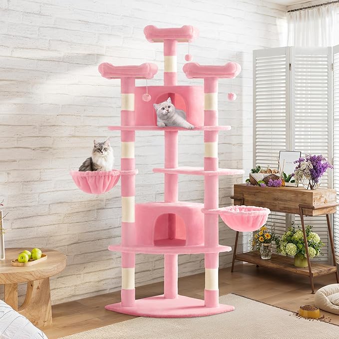 SHA CERLIN 73in Fan-Shaped Corner Cat Tower for Save Space/Multi-Level Tall Cat Tree for Indoor Kitties/Condo with Baskets/Cozy Perches/Sisal Scratching Posts/Pet Activity House/Pink-Mewly Pet