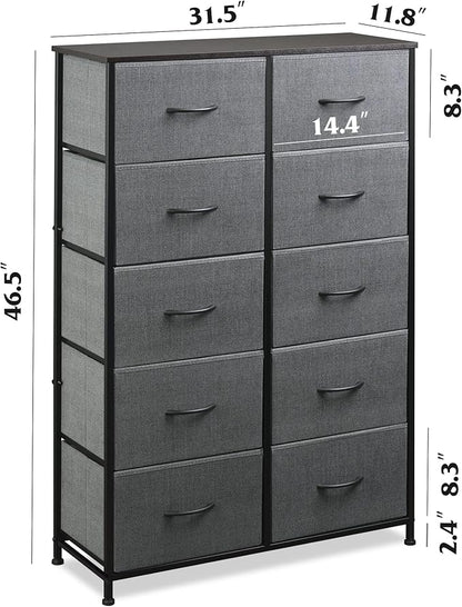 WLIVE Grey Dresser for Bedroom with 10 Fabric Drawers, Tall Organizer Units for Living Room, Clothing, Closet, Storage Tower with Cabinet, Metal Frame, Wooden Top, Furniture