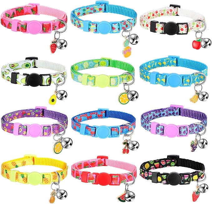 Frienda 12 Pcs Spring Summer Breakaway Cats Collars Girl Cat Safety Adjustable Collars with Bell and Summer Fruit Patterns Pendants Set for Pets Decoration(Medium)-Mewly Pet