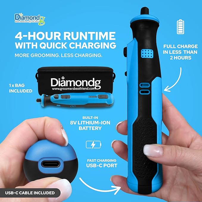 Diamondg Cordless Dog Nail Grinder with Quiet Sound & LED Tip for Large & Small Dogs, 4hrs. Runtime - Electric Dog Nail Trimmer, Heavy Duty Rotary Tool Alternative to Toenail Clippers & Filers-Mewly Pet