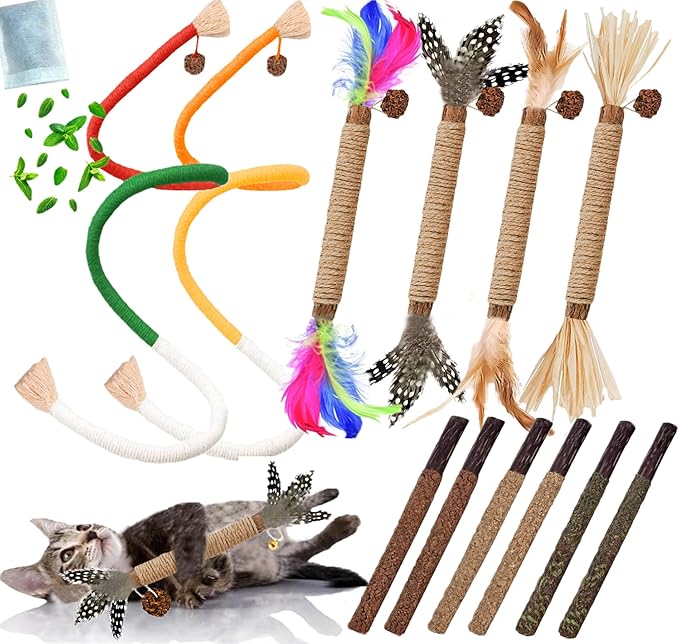 Cat Toys 12PCS Catnip Toy for Indoor Kitten Treat Cats Chew Stick for Dental Cleaning Teeth Kitten Silvervine Rope Kitty Feather Snack for for Kick Molar Scratch Self Play Interactive Boredom-Mewly Pet