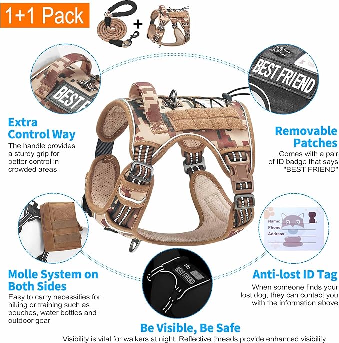 Heavy Duty Tactical Dog Harness for Large Dogs, No Pull Adjustable Pet Harness Reflective Service Training Easy Control Pet Vest Military K9 Working Dog Harnesses- Large, Desert Camo-Mewly Pet