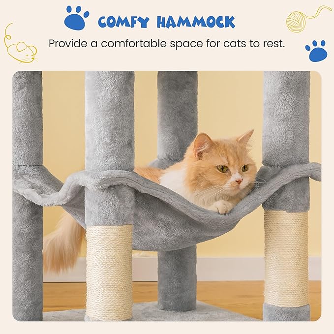 MWPO 63.8 inches Multi-Level Cat Tree for Large Cats with Sisal-Covered Scratching Posts, Padded Platform, Hammock and Condo,Stable Cat Tower Cat Condo Pet Play House-Light Gray-Mewly Pet