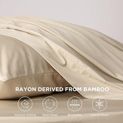 Bedsure Cooling Sheets Twin XL, Rayon Derived from Bamboo, Breathable & Soft Twin XL Sheet Sets, Deep Pocket Up to 16 Inches, Hotel Luxury Silky Dorm Bedding for Hot Sleepers, Beige