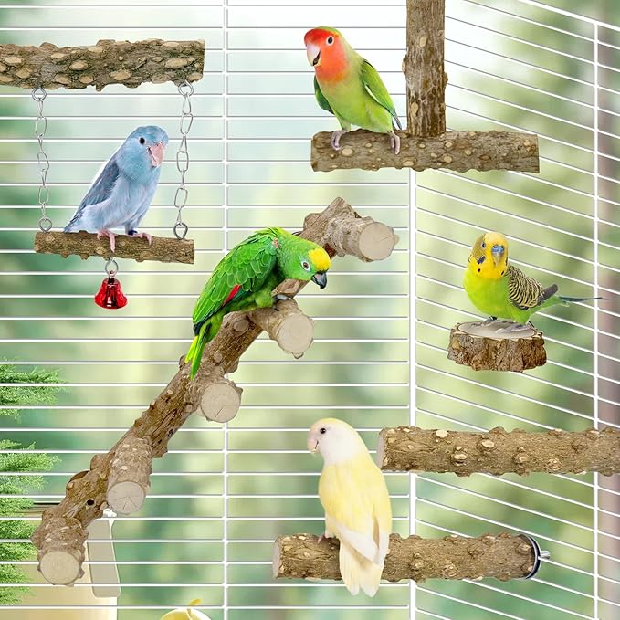 BNOSDM Natural Wood Bird Ladder Perch 6Pcs Parrot Stand Branches Climbing Chewing Stick Parakeet Swing Toys Cage Accessories Paw Grinding Fork Sets for Lovebirds Cockatiels Conure Budgies-Mewly Pet