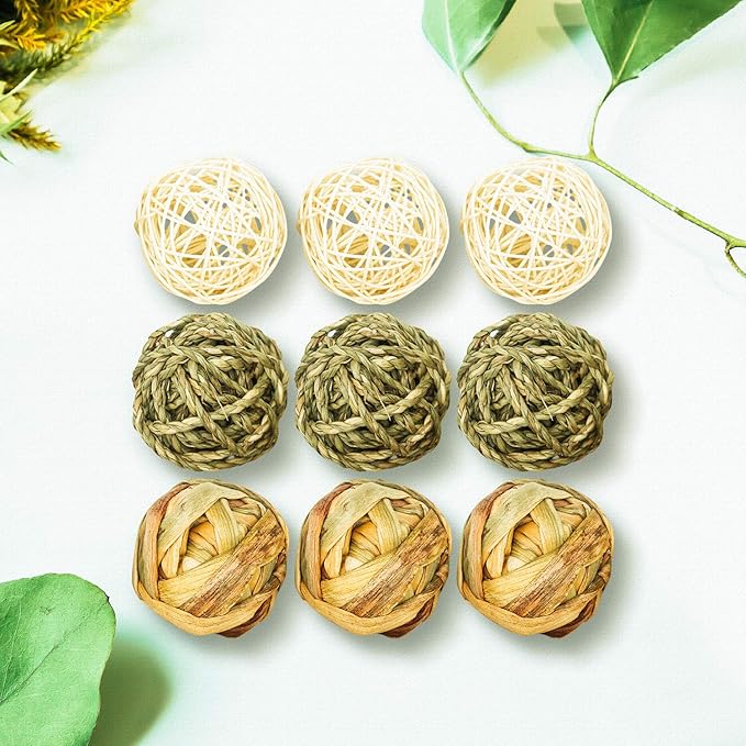 9 Pcs Small Animals Play Balls Rolling Activity Chew Toys Gnawing Treats for Rabbits Guinea Pigs Chinchilla Bunny Natural Balls, Pet Cage Entertainment Accessories (9 Pcs)-Mewly Pet