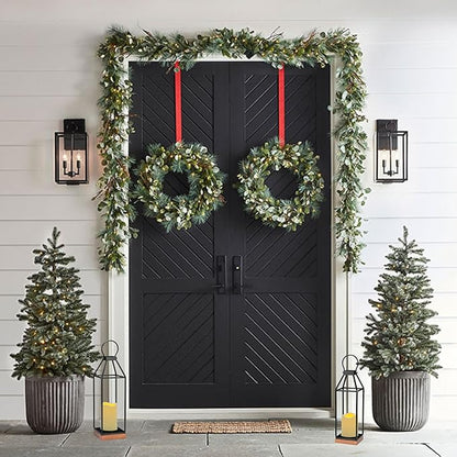 Perfnique Metal Lanterns w/ Pine Wood, Set of 2 Farmhouse Lantern Decorative w/ Waterproof Flameless Candle & Remote Timer, Modern Farmhouse Candle Holder for Outdoor, Porch, Fireplace(Wood Base)
